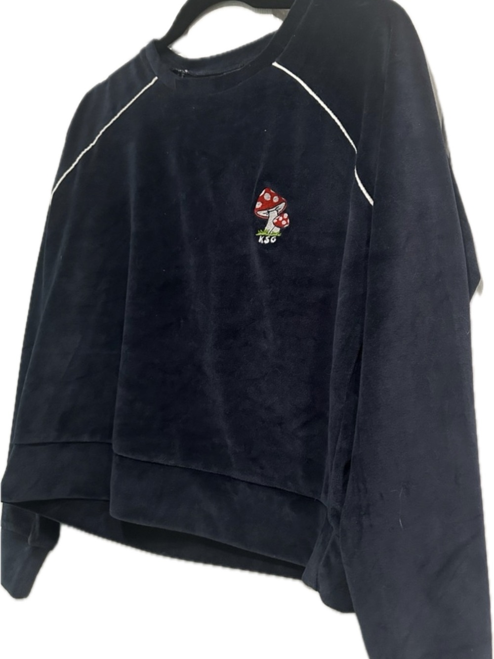 Plush Navy Crewneck Sweatshirt with Mushroom Embroidery